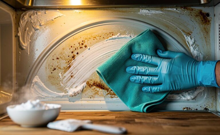 Illustration of degreasing a dirty microwave with a baking soda paste that wipes away grime in five minutes