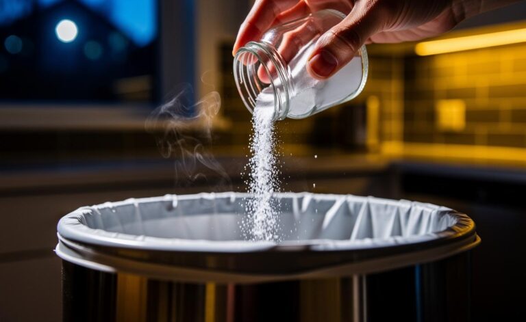 Illustration of baking soda being sprinkled as a dry layer at the bottom of a kitchen bin to neutralise odours overnight