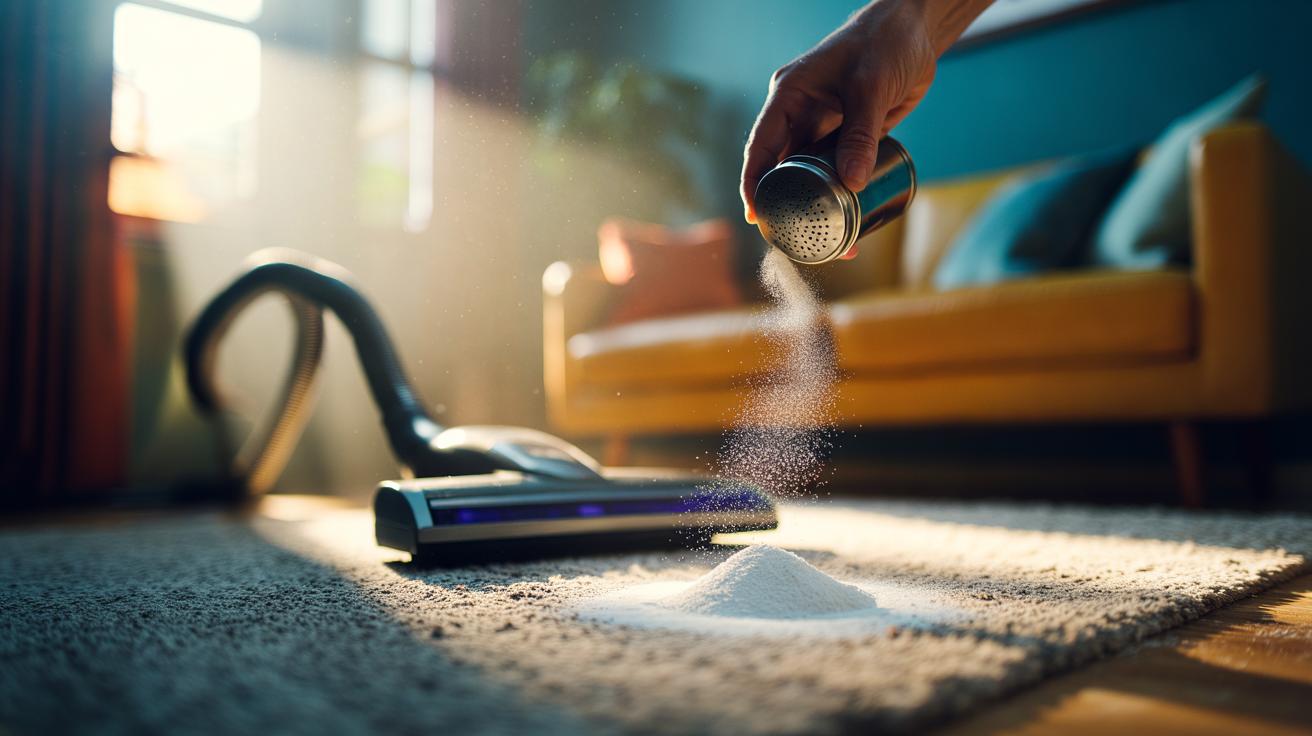 Illustration of baking soda being sprinkled over a carpet to neutralise odours before vacuuming