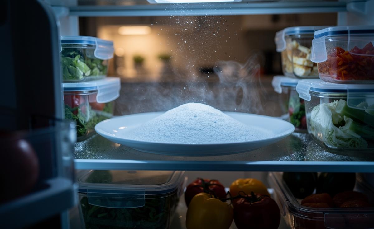 Illustration of deodorising a fridge with baking soda to neutralise odours in 10 minutes