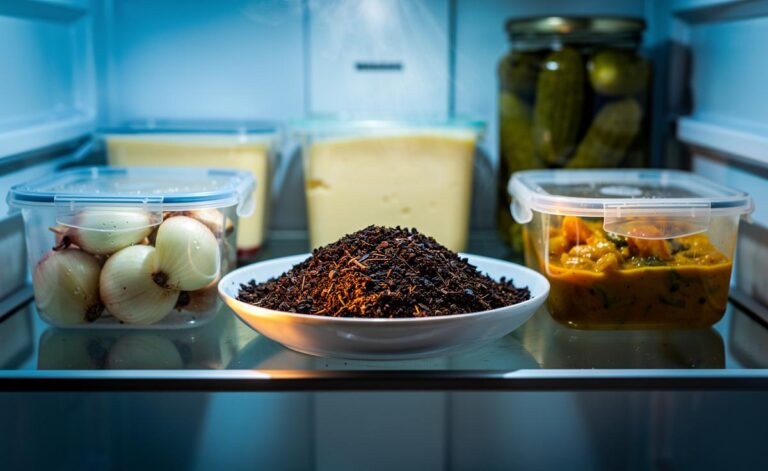 Illustration of used coffee grounds in a shallow dish placed inside a refrigerator to neutralise odours