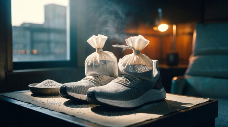 Illustration of sneakers with cat litter sachets placed inside to absorb odour overnight