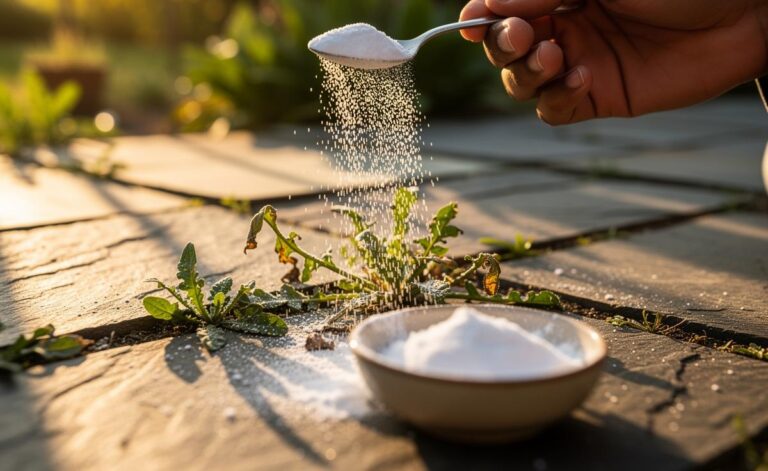 Illustration of a hand sprinkling baking soda onto garden weeds in paving cracks for overnight wilt