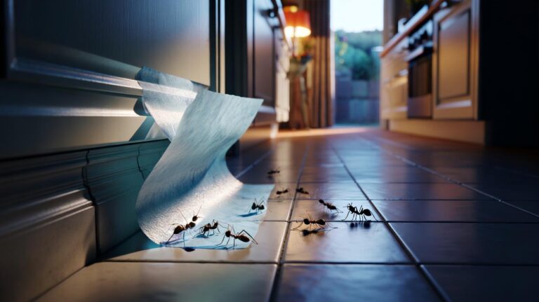 Illustration of dryer sheets placed near household entry points to repel ants