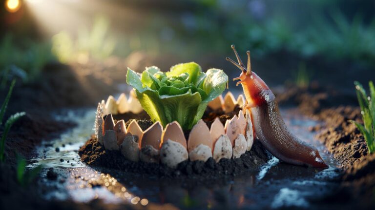 Illustration of crushed eggshells forming a barrier around a garden seedling to deter slugs
