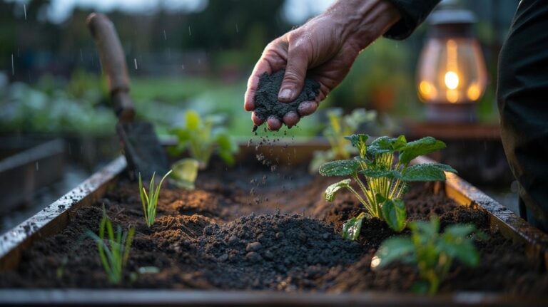 Illustration of horticultural charcoal (biochar) being incorporated into a garden bed to adsorb contaminants, stabilise nutrients, and improve soil health