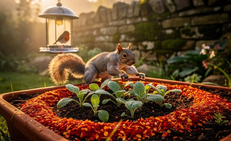 Illustration of cayenne pepper sprinkled around seedlings and a bird feeder to deter squirrels in a UK garden