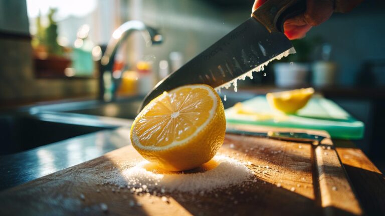 Illustration of a halved lemon and coarse salt being used to sanitise a wooden cutting board for food safety