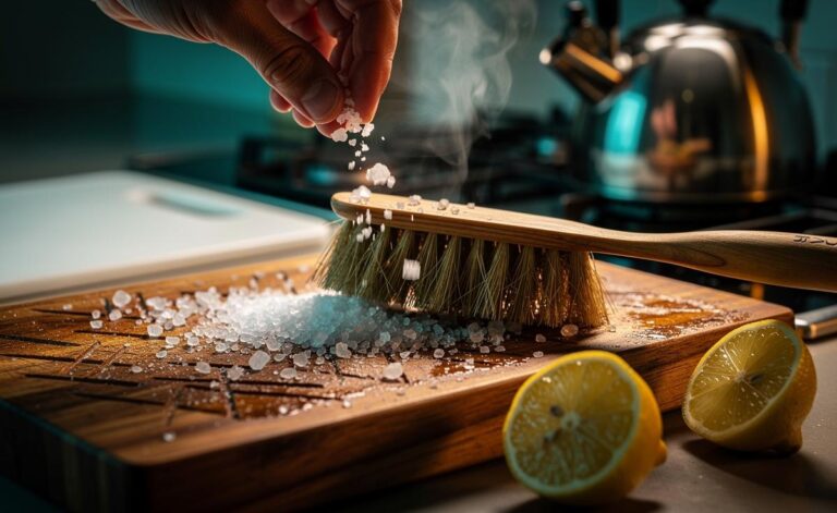 Illustration of disinfecting a cutting board with coarse salt, using abrasiveness and minerals to kill bacteria in five minutes.