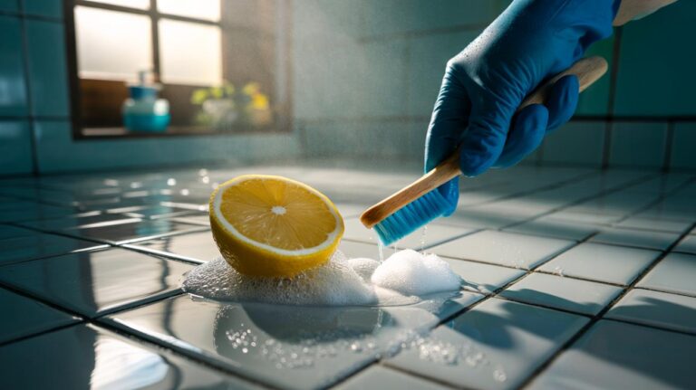 Illustration of a halved lemon being used to clean tile grout