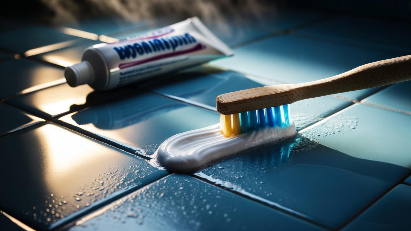 Illustration of toothpaste being applied to bathroom grout and scrubbed with a toothbrush to lift stains