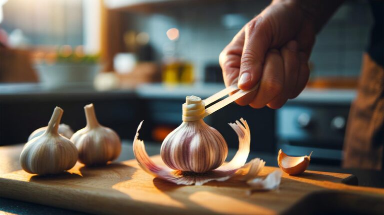 Illustration of a hand using a rubber band to peel a garlic clove