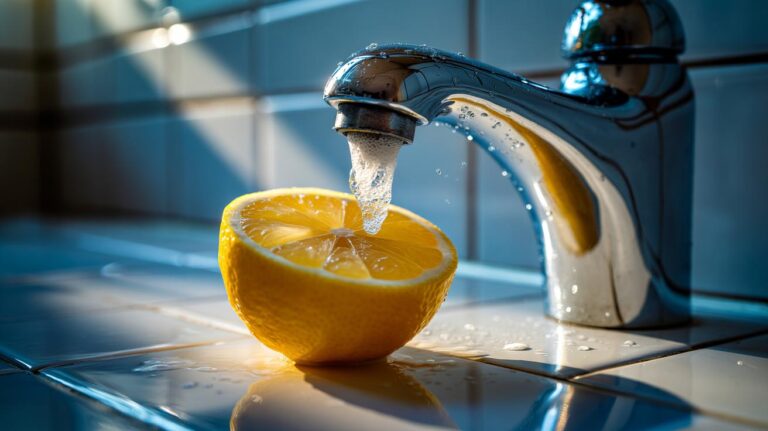 Illustration of a halved lemon applied to a chrome tap to dissolve limescale deposits