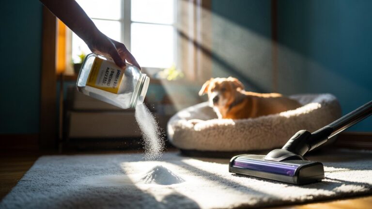 Illustration of baking soda being sprinkled on a carpet and pet bed to absorb pet odours and freshen a room in 10 minutes
