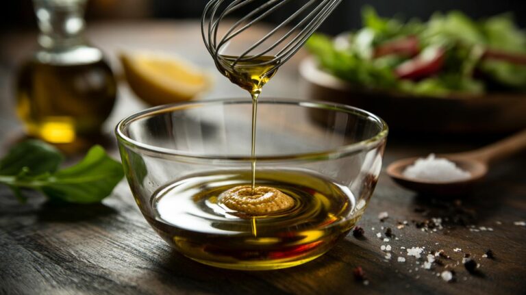 Illustration of [a dab of Dijon mustard being whisked into oil and vinegar to emulsify a silky salad dressing that coats fresh greens]