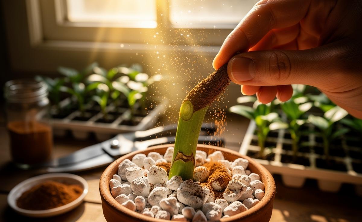 Illustration of dusting plant cuttings with cinnamon powder to prevent disease and encourage root growth