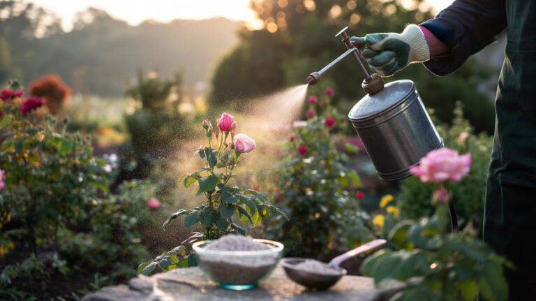Illustration of a gardener mixing and spraying Epsom salts (magnesium sulphate) solution on flowering plants to enhance blooms