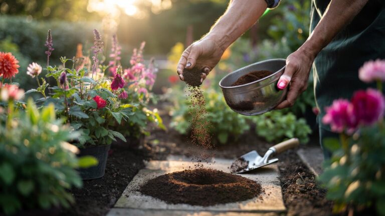 Illustration of used coffee grounds mixed with compost and lightly applied to garden soil around flowering plants to enrich soil and intensify bloom colour