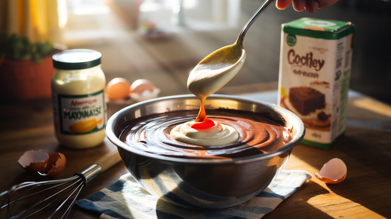 Illustration of mayonnaise being mixed into boxed cake mix to make a moist, tender cake