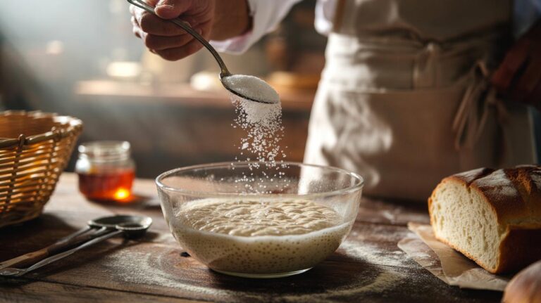 Illustration of a spoonful of sugar being added to bread dough to accelerate yeast fermentation for a lighter loaf