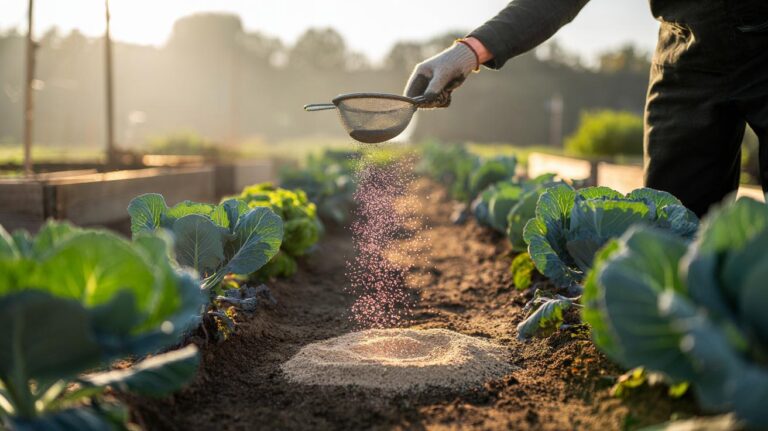 Illustration of a hand sprinkling fine wood ash over garden soil to boost essential trace minerals