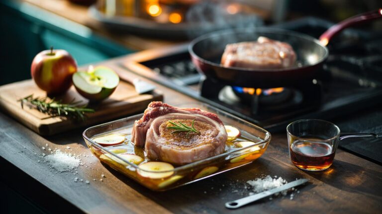 Illustration of pork chops marinating in an apple juice and salt brine for quick, high-heat searing