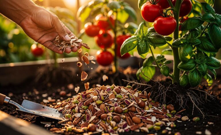 Illustration of crushed nut shells used as mulch and soil amendment around vegetable plants to improve soil chemistry and enhance crop flavour