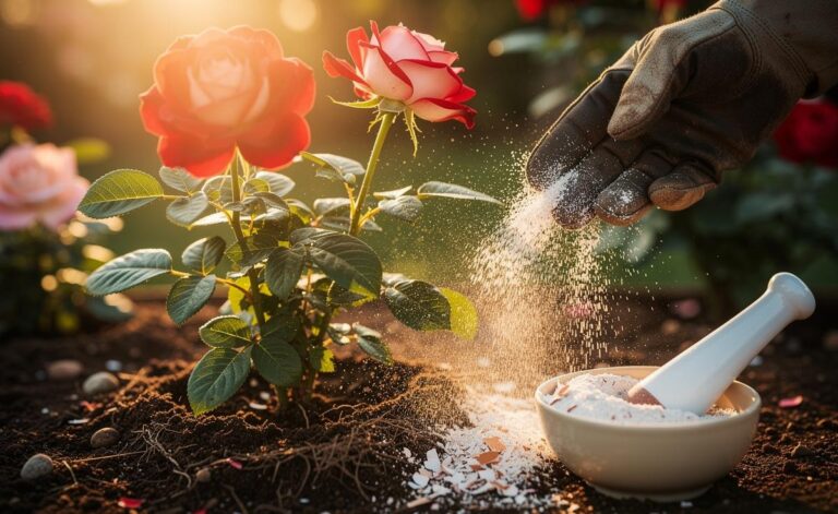 Illustration of finely ground eggshells being applied around rose bushes to provide calcium and promote stronger, longer-lasting blooms