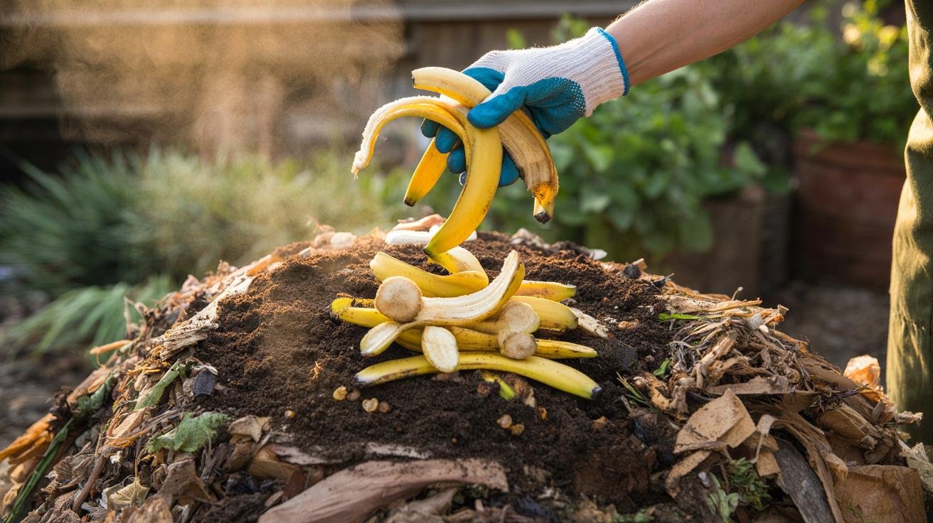 Illustration of banana peels being chopped and mixed into a backyard compost pile to boost microbial activity and speed decomposition