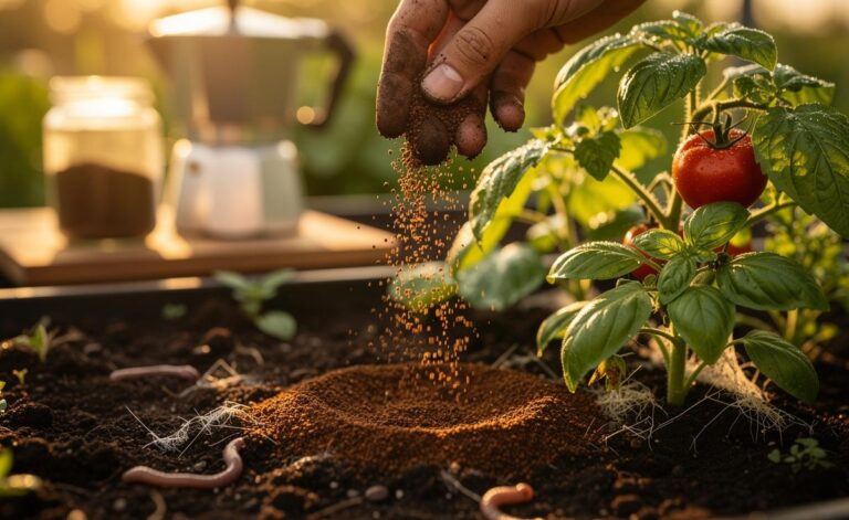 Illustration of used coffee grounds being applied in a thin layer to garden soil around growing plants to enrich soil and boost plant vitality