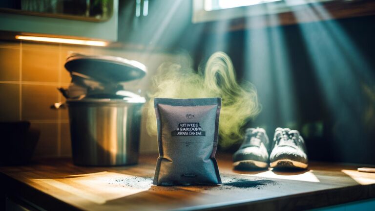 Illustration of activated charcoal pouches adsorbing household odours in 10 minutes