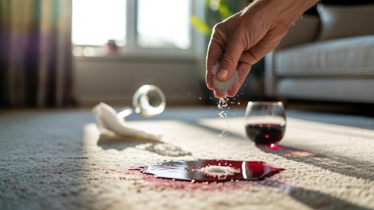 Illustration of salt being sprinkled over a fresh red wine stain on a light-coloured carpet, with a paper towel blotting nearby