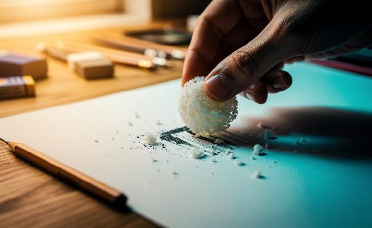 Illustration of [a hand dabbing a ball of soft white bread crumb to lift graphite pencil marks from paper]