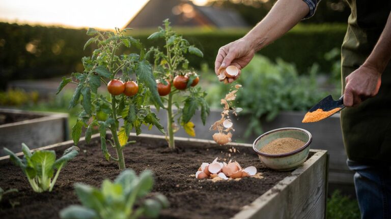 Illustration of crushed eggshells being sprinkled into garden soil as a slow-release fertilizer around vegetable plants