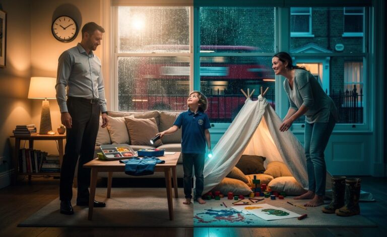 Illustration of UK parents and children navigating "chaos parenting" between loosened routines and structured anchors amid expert debate