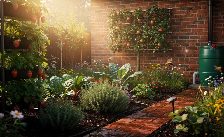 Illustration of climate-smart UK gardening featuring edible landscaping, a pocket microforest, smart drip irrigation sensors, and vertical growing systems