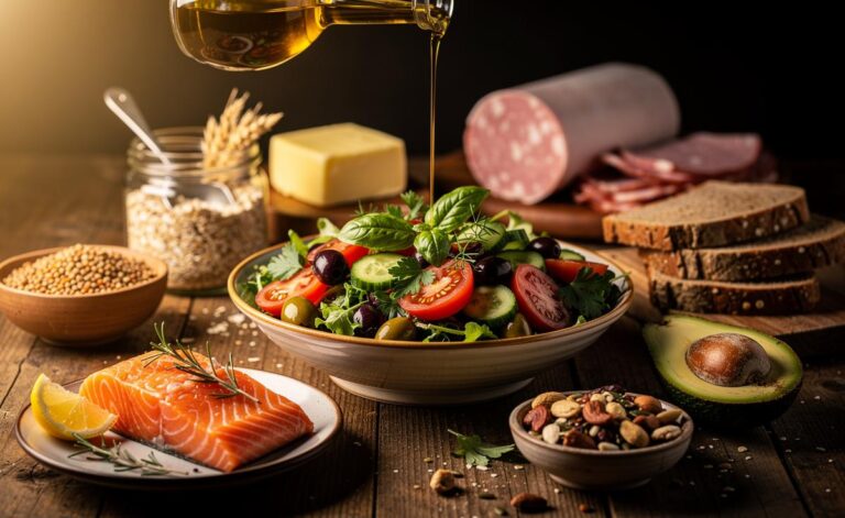 Illustration of a Mediterranean-style heart-healthy diet replacing saturated fats with unsaturated fats and adding soluble fibre