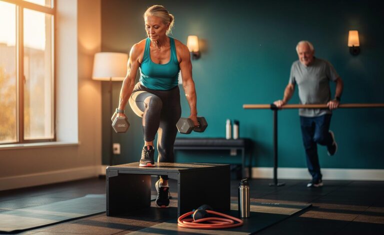 Illustration of an adult over 60 performing brisk step-ups and sit-to-stands with light dumbbells, focusing on power, balance, and fall prevention within a six-week fitness plan