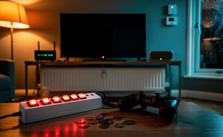 Illustration of a UK home living room with glowing standby lights on a TV, games console, and router, plus a wall thermostat turned up, highlighting energy wasted by phantom loads and the thermostat myth.