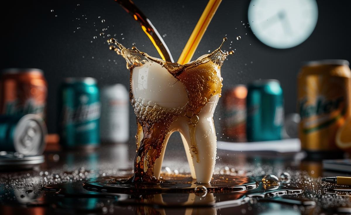 Illustration of all-day sipping of acidic drinks eroding tooth enamel