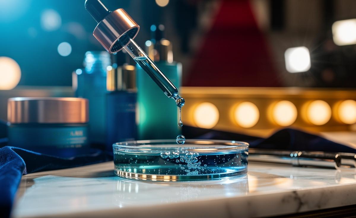 Illustration of copper peptides in blue‑tinted serums, the secret ingredient in celebrities’ favorite beauty products