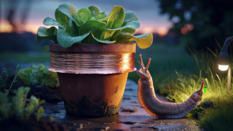 Illustration of a garden pot encircled by a copper foil ring to deter slugs overnight