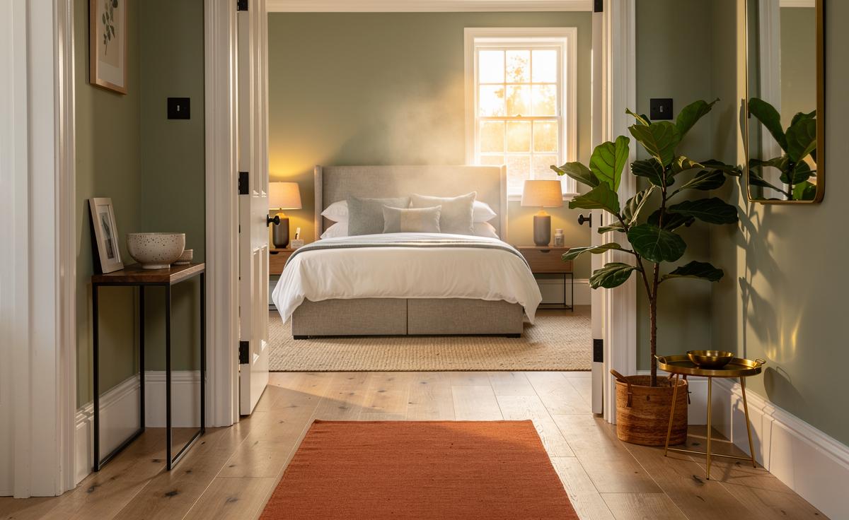 Illustration of a modern UK home in 2024 arranged according to feng shui principles, with a bed in command position, layered warm lighting, paired decor, healthy plants, and a clear, welcoming hallway