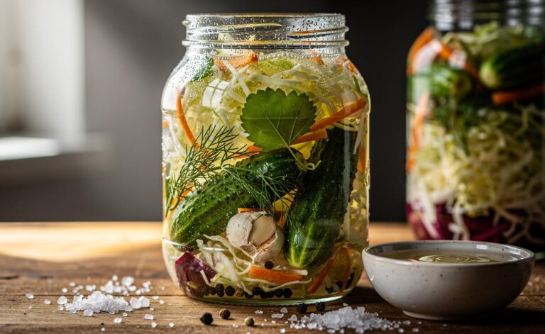 Illustration of fermenting vegetables with salt, showing natural preservation beginning within hours