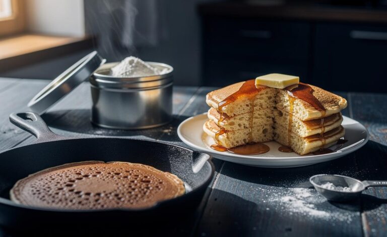Illustration of fluffy pancakes made with double-acting baking powder, showing instant lift and a tender, airy texture