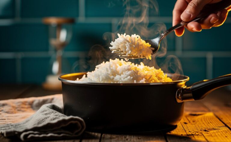 Illustration of a hand using a fork to gently fluff freshly cooked rice for two minutes, releasing steam and separating the grains