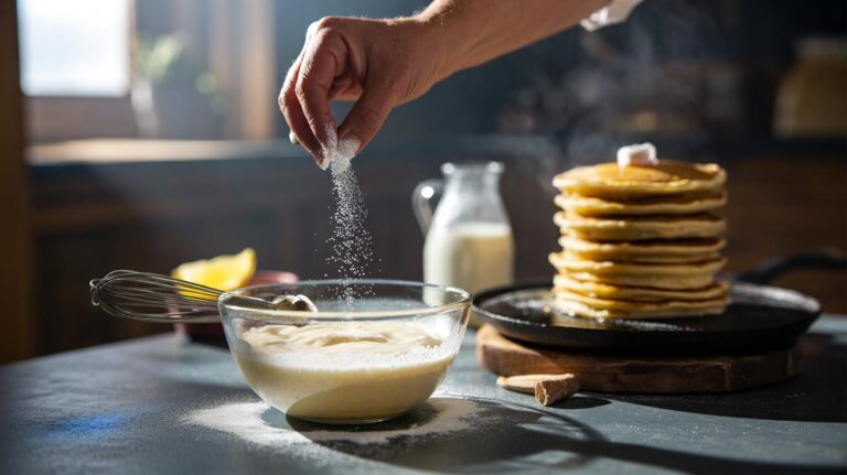 Illustration of a pinch of baking soda being added to pancake batter to create tall, fluffy pancakes on a hot griddle