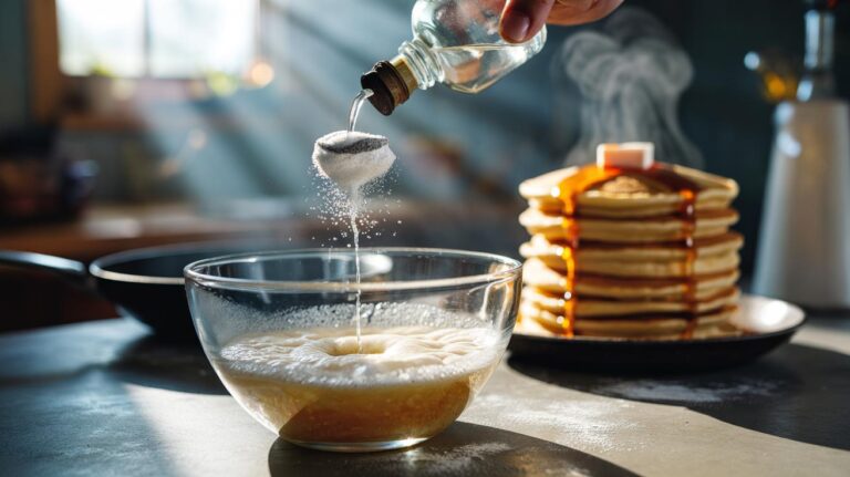 Illustration of vinegar reacting with bicarbonate of soda in pancake batter to create carbon dioxide bubbles and fluffy pancakes