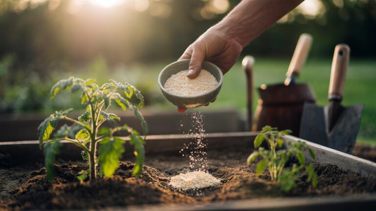 Illustration of crushed eggshells being applied to garden soil as a calcium-rich amendment