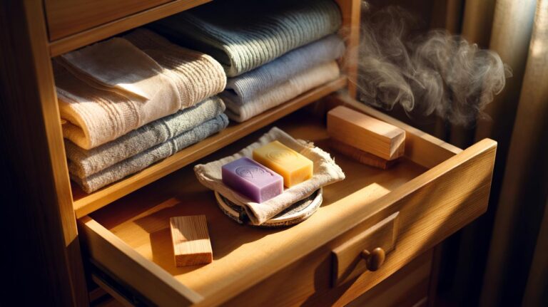Illustration of soap bars placed in a dresser drawer among folded clothes to passively diffuse scent and deodorize the storage space
